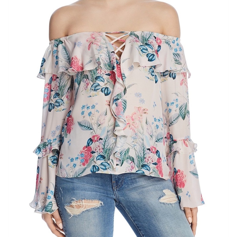Parker Cream and Pink 100% Silk Ruffled Bell Sleeve Off Shoulder Blouse Small